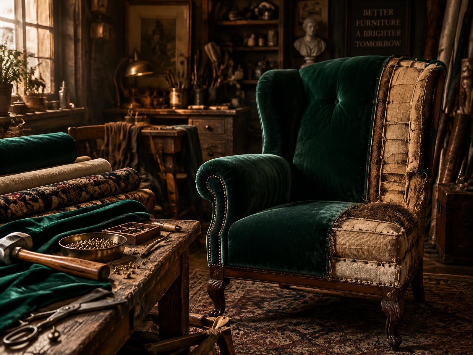 Stoffeerderij atelier met een fauteuil in smaragdgroen velours